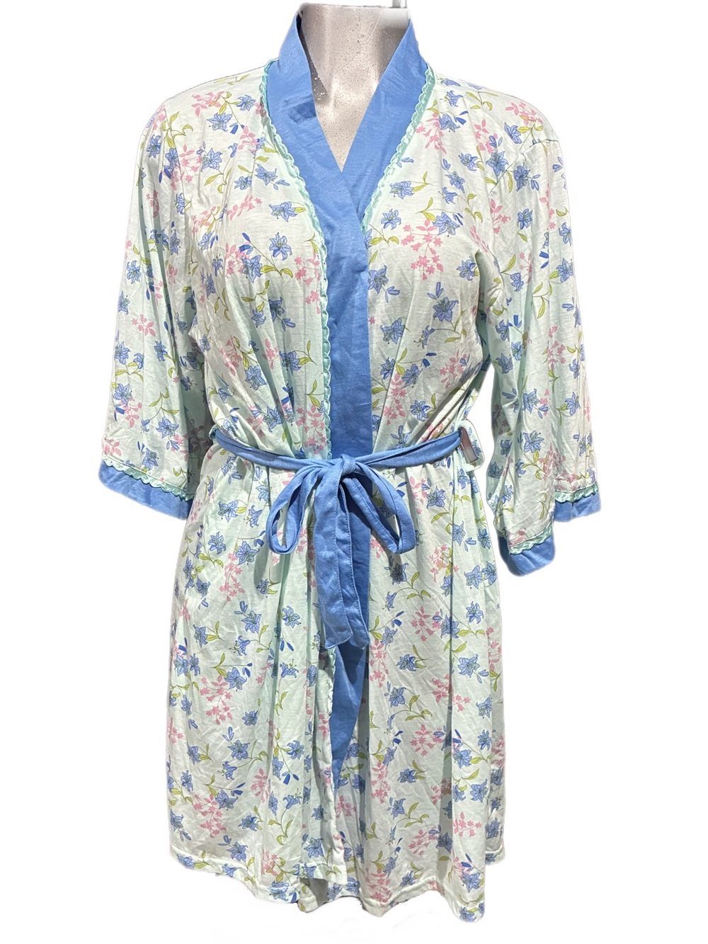 LATI FASHION Floral Kimono Robe Pajama Loungewear Wrap-Style Teal/Blue Size XL